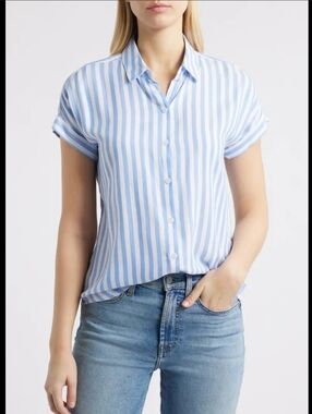 Beach Lunch Lounge Blue Stripe Button Up Shirt Cotton Womens Sz L Coastal